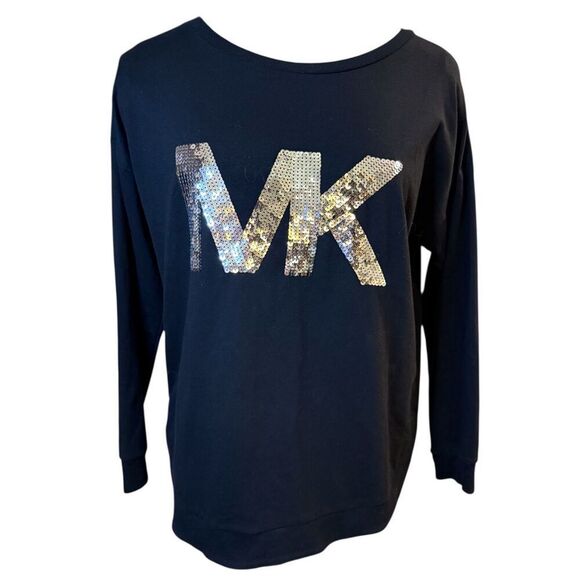 Michael Kors Black Sweatshirt Long Sleeve MK Sequin Logo Sz. L - Picture 1 of 8